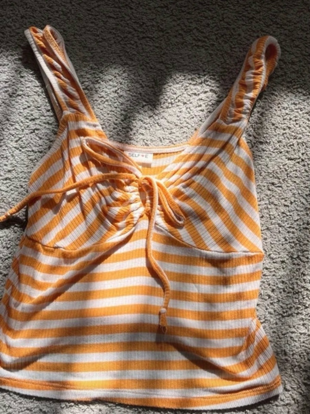 Self Esteem Yellow & White Striped Ribbed Camisole with Front Tie